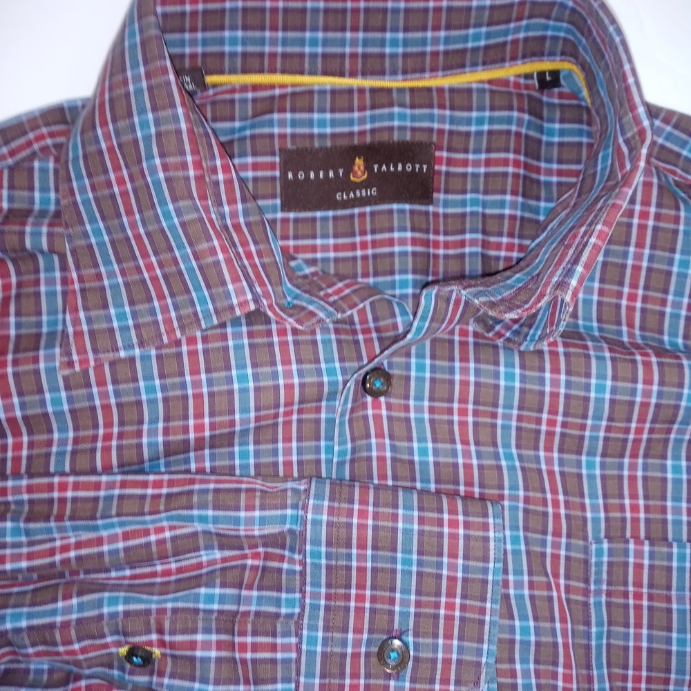 ROBERT TALBOTT shirt sz L brown blue red plaid mens button down classic office - Picture 2 of 4